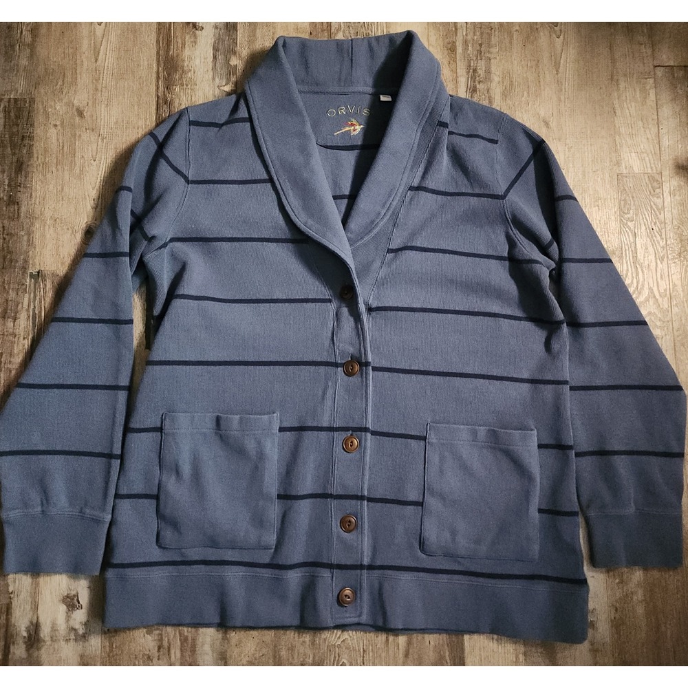Orvis Cardigan Sweater Womens Large Blue Striped Shawl Collar Cotton Button Top
